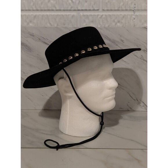 Top This Inc Men's Black 100% Wool Drawstring Broad Brim Silver Studded Hat - Picture 1 of 6